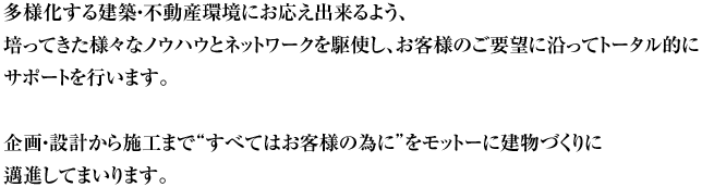 多様化する建築・不動産環境にお応え出来るよう、培ってきた様々なノウハウとネットワークを駆使し、お客様のご要望に沿ってトータル的にサポートを行います。企画・設計から施工まで”すべてはお客様の為に”をモットーに建物づくりに邁進してまいります。